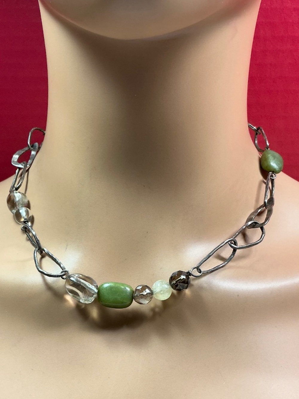 SILPADA Sterling Silver Necklace with Green Jade and Smokey Quartz Stones. 18”
